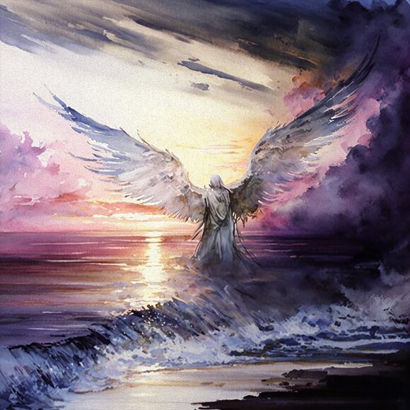 8x8 Angel Over the‎ Ocean Watercolor Art Oil Painting Print - Picture 2 of 4